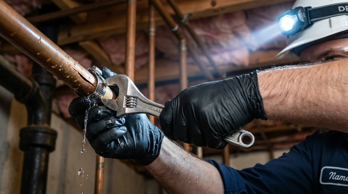 Emergency pipe clamp repair being performed by a Johns Plumbing LLC plumber in Trion